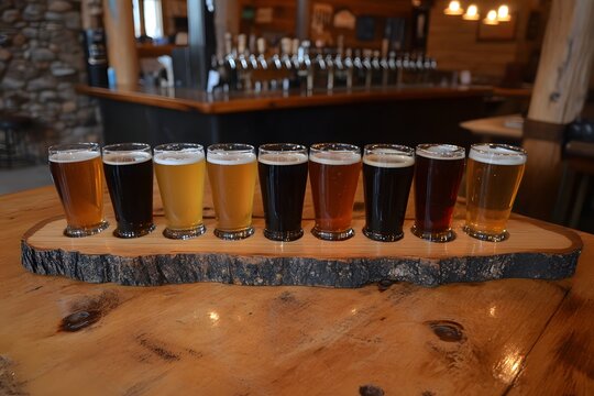 Close-up of beer flight with different brews