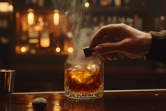 Bartender muddling ingredients for cocktail