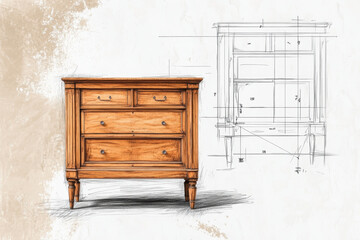 Furniture design process from sketch to completion illustrated in a vintage wood chest of drawers