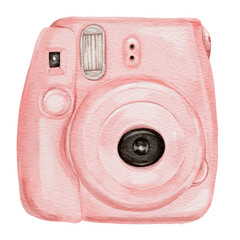 Watercolor illustration of a pink instant camera with soft shading, combining a vintage and playful aesthetic perfect for creative and nostalgic themes.