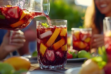 Friends sharing pitcher of sangria outdoors