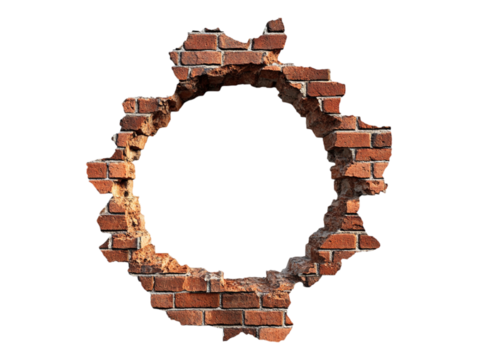 Hole made in a torn brick wall isolated on a transparent background, ideal for architectural visuals, destruction themes, or textured wall designs.