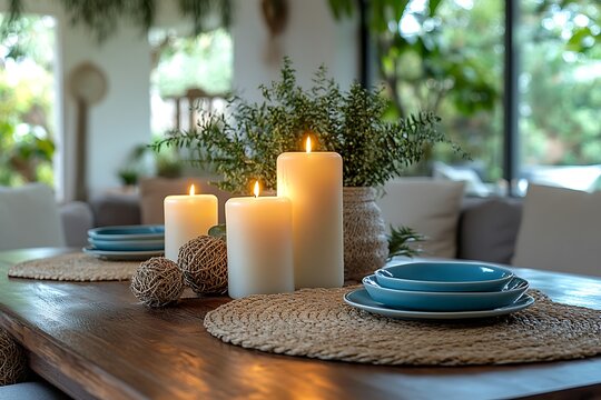 Cozy dining room interior with candles and natural decor - Powered by Adobe