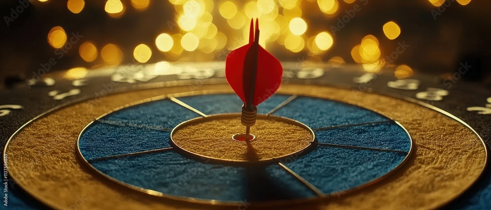 Poster red dart strikes center of target board amidst glimmering background, symbolizing precision and focu