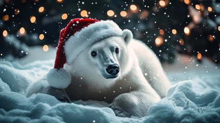Obraz premium A charming polar bear lies in snow while wearing a red Santa hat, surrounded by glowing Christmas lights. This festive winter scene evokes joy and is perfect for holiday-themed visuals and cheerful