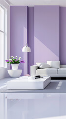 Modern purple living room with white sofa and floor lamp