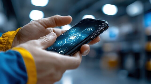 Hands holding a modern high tech smartphone with a sleek futuristic digital interface and advanced intelligence capabilities  The image symbolizes the innovative connected