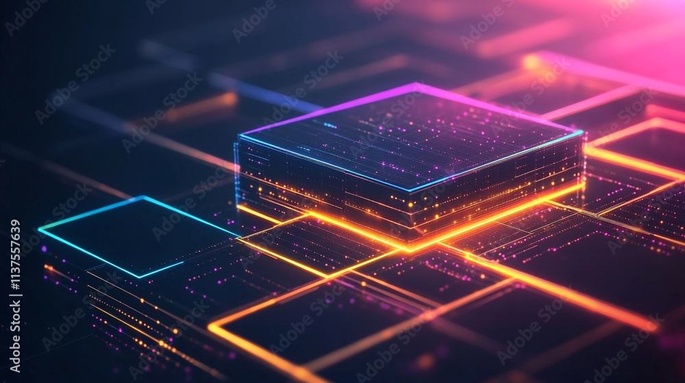 Poster a vibrant abstract background featuring intersecting neon lights and squares in various colors and s