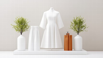 Elegant White Dress Displayed with Decorative Plants and Vases