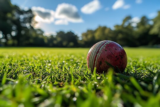 A cricket ball resting on a lush green field