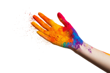 A girl's hand being showered with colorful powders, celebrating the vibrant festival of Holi, isolated on a transparent background.