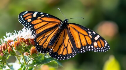 Naklejka premium Butterfly resting on flower at sunset in garden macro photography enhancing nature's beauty