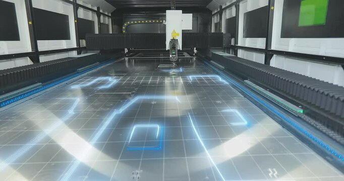 Visualization of a metal part on a laser cutter. Laser cutter at the factory, visualization of the process.