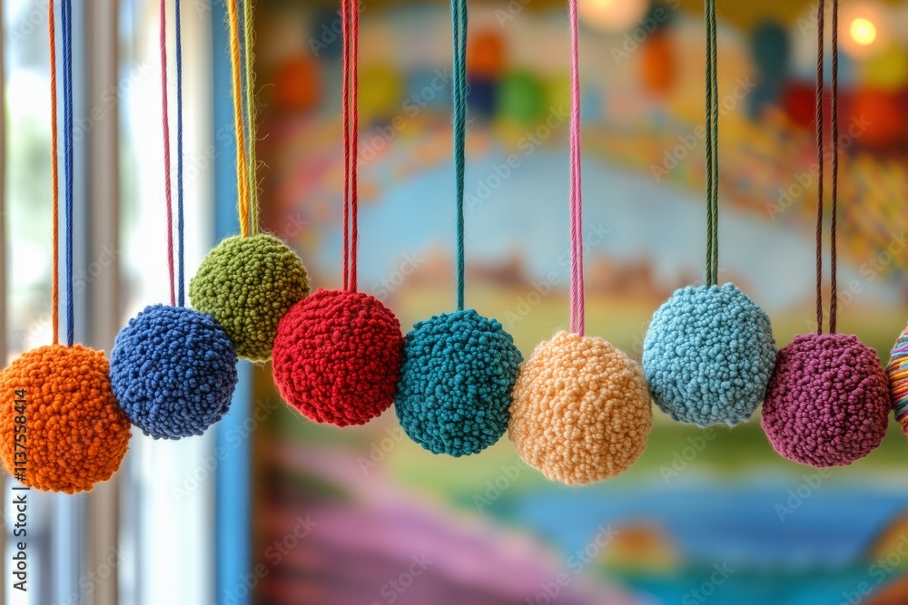 Poster colorful yarn pom-poms hang on strings, creating a playful and vibrant display.