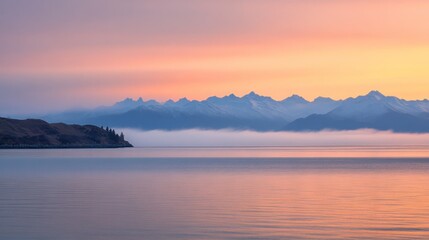 Fototapeta premium Serene mountain landscape at sunrise, reflecting calm waters and misty peaks.