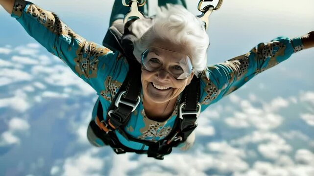 Portrait of beautiful smiling senior woman jumping with skydiving in blue sky