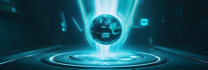 A rotating 3D holographic globe emitting light rays in cyan, surrounded by digital icons.