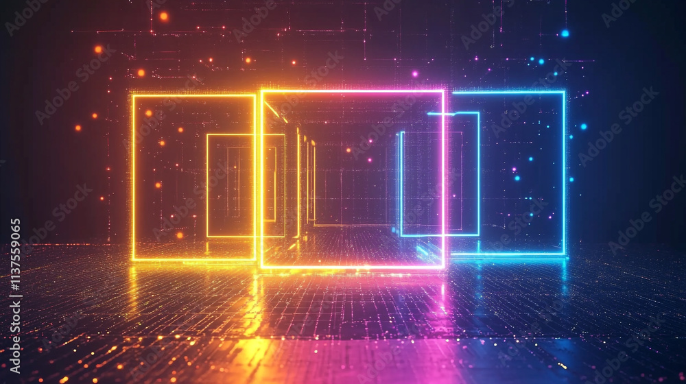 Aufkleber a vibrant abstract background featuring intersecting neon lights and squares in various colors and s
