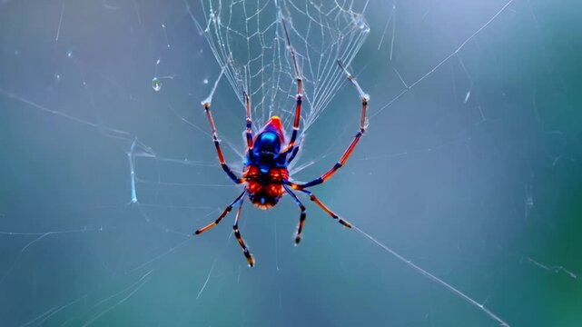 A close-up of a red spider perched in a web against a blue background, symbolizing wildlife, arachnids, and the intricate beauty of spiderwebs in nature.