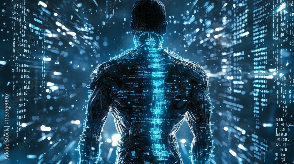 Poster humanoid robot with transparent body reveals data streams in futuristic cityscape digital art sci-fi