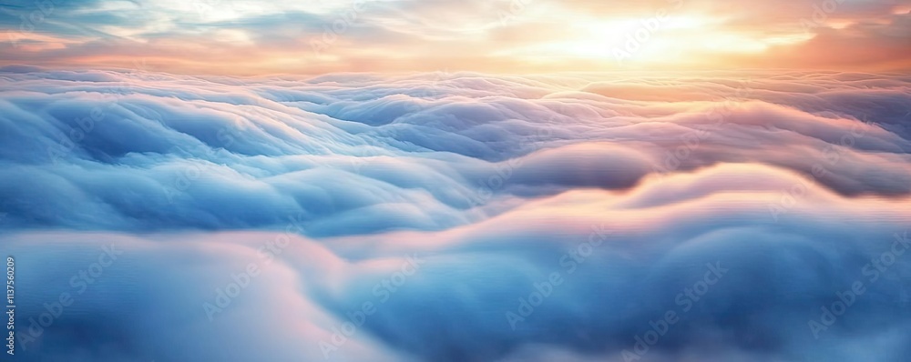 Poster mysterious fog concept. serene view of soft clouds illuminated by the warm glow of a setting sun.