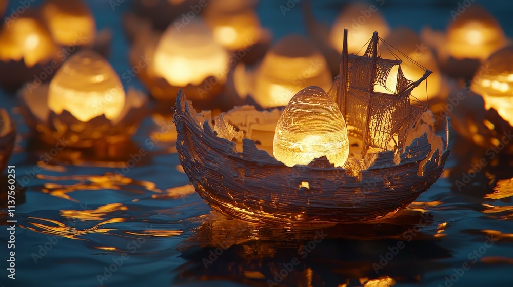 Poster artistic eggshell junk boat creation serene water setting closeup photography tranquil environment u