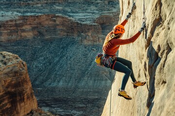 A Rock Climber Ascending a Cliff Face in a Canyon