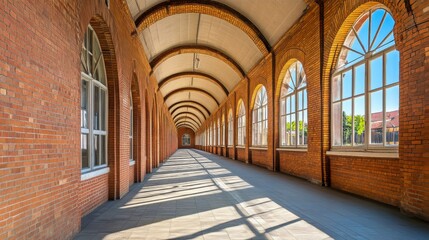 Bright and Airy Corridor with Arching Windows and Brick Walls