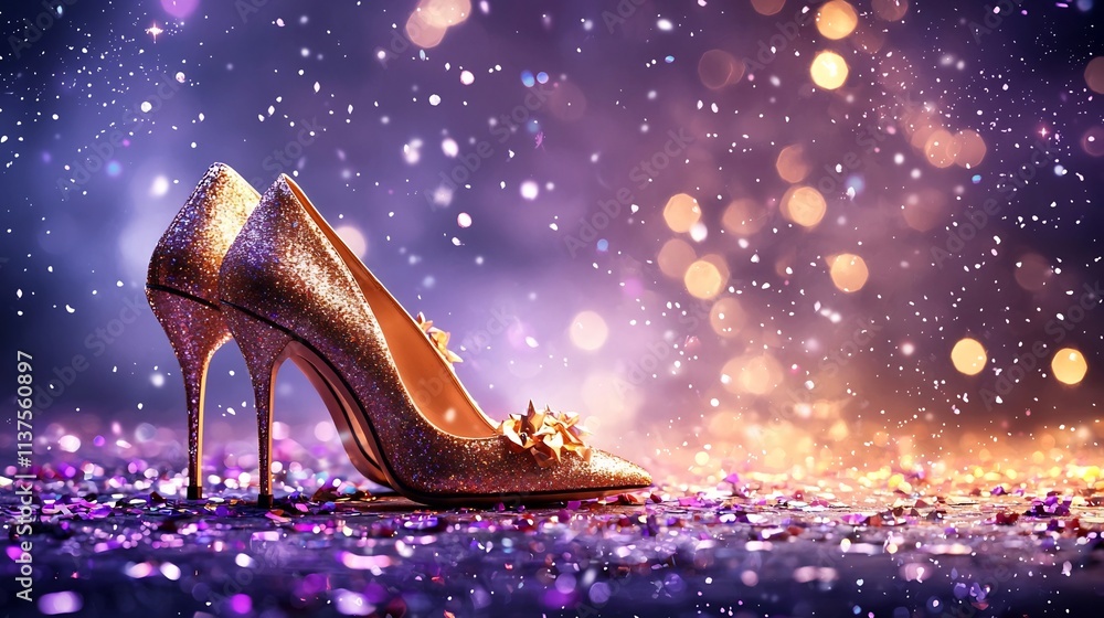 Poster captivating image showcasing a pair of shimmering gold high heel pumps illuminated under dramatic li