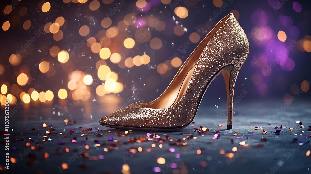 Poster captivating image of a pair of shimmering gold high heel pumps illuminated under dramatic lighting w