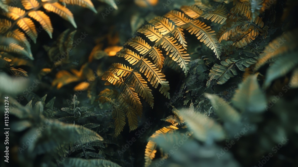 Poster closeup of overlapping fern leaves forming water patterns nature macro photography lush environment 