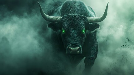 Naklejka premium A bull storming through a heavy, dark fog, its glowing green eyes casting eerie light on the swirling mist, faint echoes of its massive hooves reverberating through the gloom, cinematic realism,