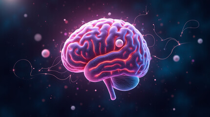 AI brain made of glowing circuits and digital pathways, pulsing with neon data streams. Surrounded by holographic screens and geometric shapes.