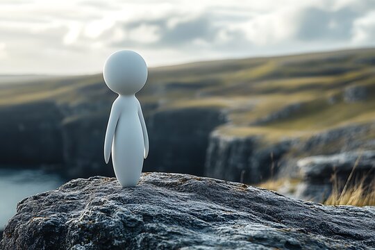 A solitary figure stands on a cliff edge, overlooking a vast ocean and landscape.