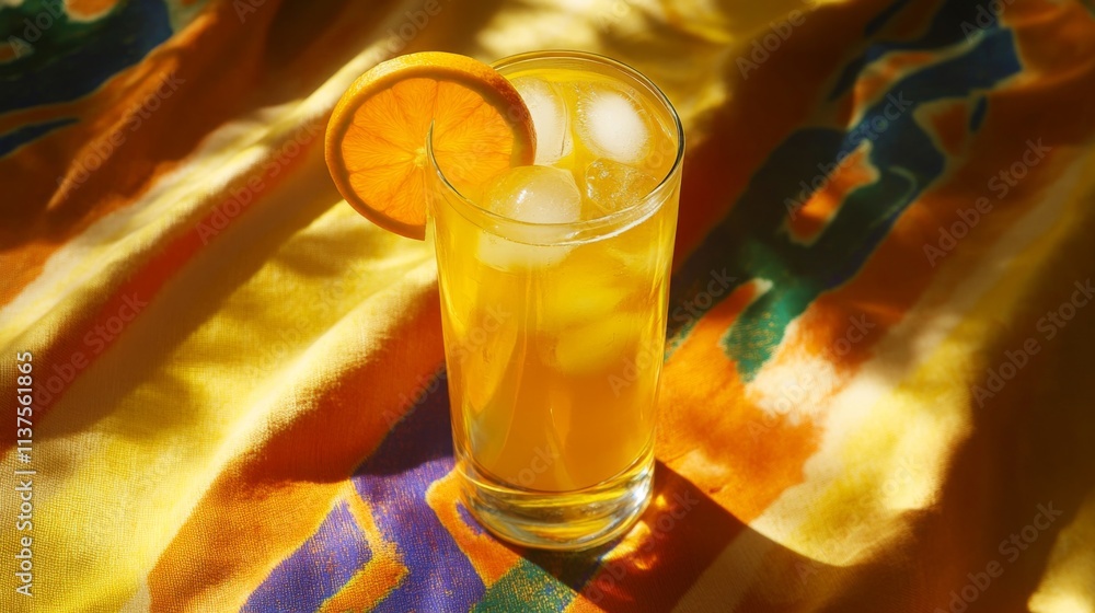 Poster refreshing citrus beverage with ice in a tall glass on colorful background
