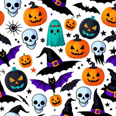 Spooky Halloween Seamless Pattern: Pumpkins, Bats, Skulls, and Witch Hats
