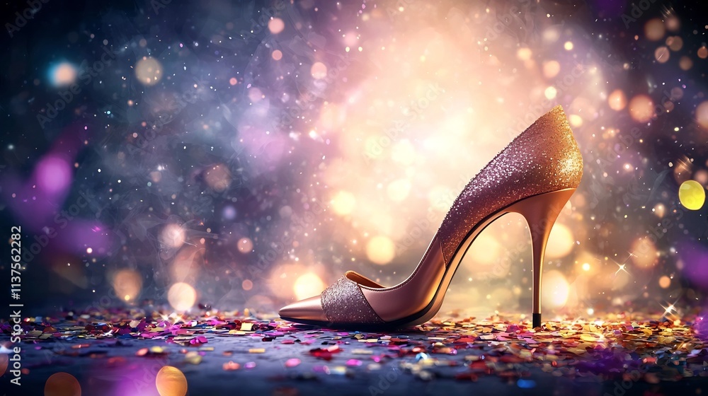Poster pair of shimmering bronze high heel pumps illuminated under dramatic lighting and accented with refl