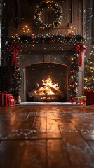 A podium placed in front of a glowing fireplace, with garlands, red ribbons, and softly falling snow outside