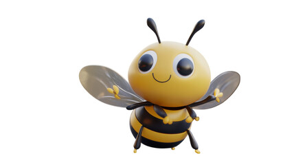 A cheerful cartoon bee with big eyes and shiny wings flying against a transparent background.