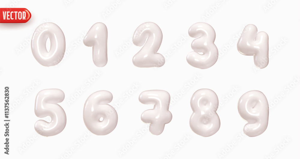 Poster set of numbers from 0 to 9 in style of christmas milk cream white in realistic 3d design isolated on