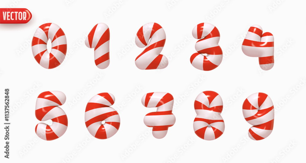 Poster set of numbers from 0 to 9 in style of christmas candy cane in realistic 3d design isolated on white