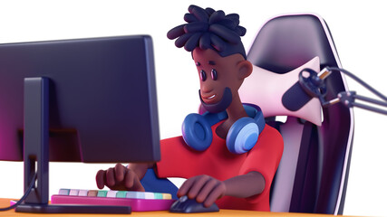 Handsome kawaii excited smiling african man with dreadlocks hair sits at computer, looks at monitor, talks into microphone, types on keyboard, holds mouse with hand. 3d render isolated white backdrop