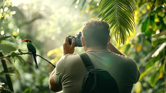 Wildlife Photographer in Dense Jungle with Exotic Birds