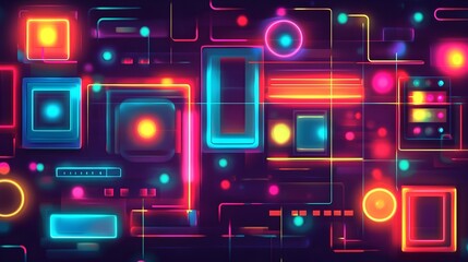 A retro arcade theme with bright pixelated shapes and glowing grids in neon colors.