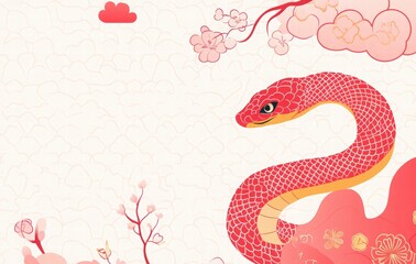 Obraz premium Cute Chinese New Year snake banner template with text 2025 and space for your message. Greeting card template for party decoration. Illustration of the Year of the Snake.