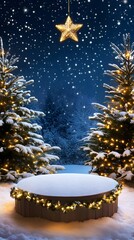 A podium surrounded by sparkling Christmas lights, snow-covered pine trees, and a glowing Christmas star overhead