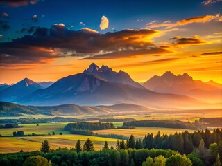Majestic Mountain Landscape Low Light Photography - Night Scene, Dark Mountain Range, Starry Sky, Rural Scenery