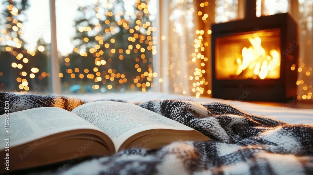 Poster turning pages in a cozy reading nook open book closeup warm environment intimate viewpoint textural 