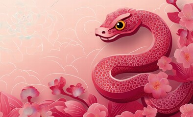 Fototapeta premium Cute Chinese New Year snake banner template with text 2025 and space for your message. Greeting card template for party decoration. Illustration of the Year of the Snake.