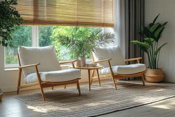 Obraz premium Cozy living room with white fabric lounge chairs, wooden legs and armrests, area rug, small coffee table, plants, books, window with blinds, and grey curtains.